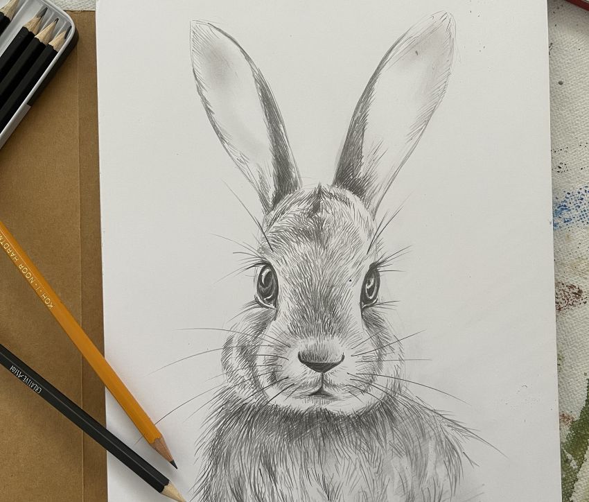Gezeichneter Hase auf einem Blatt Papier.